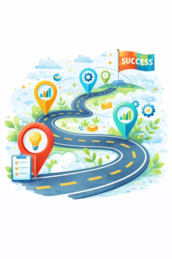 AI roadmap illustration leading from an idea to business success